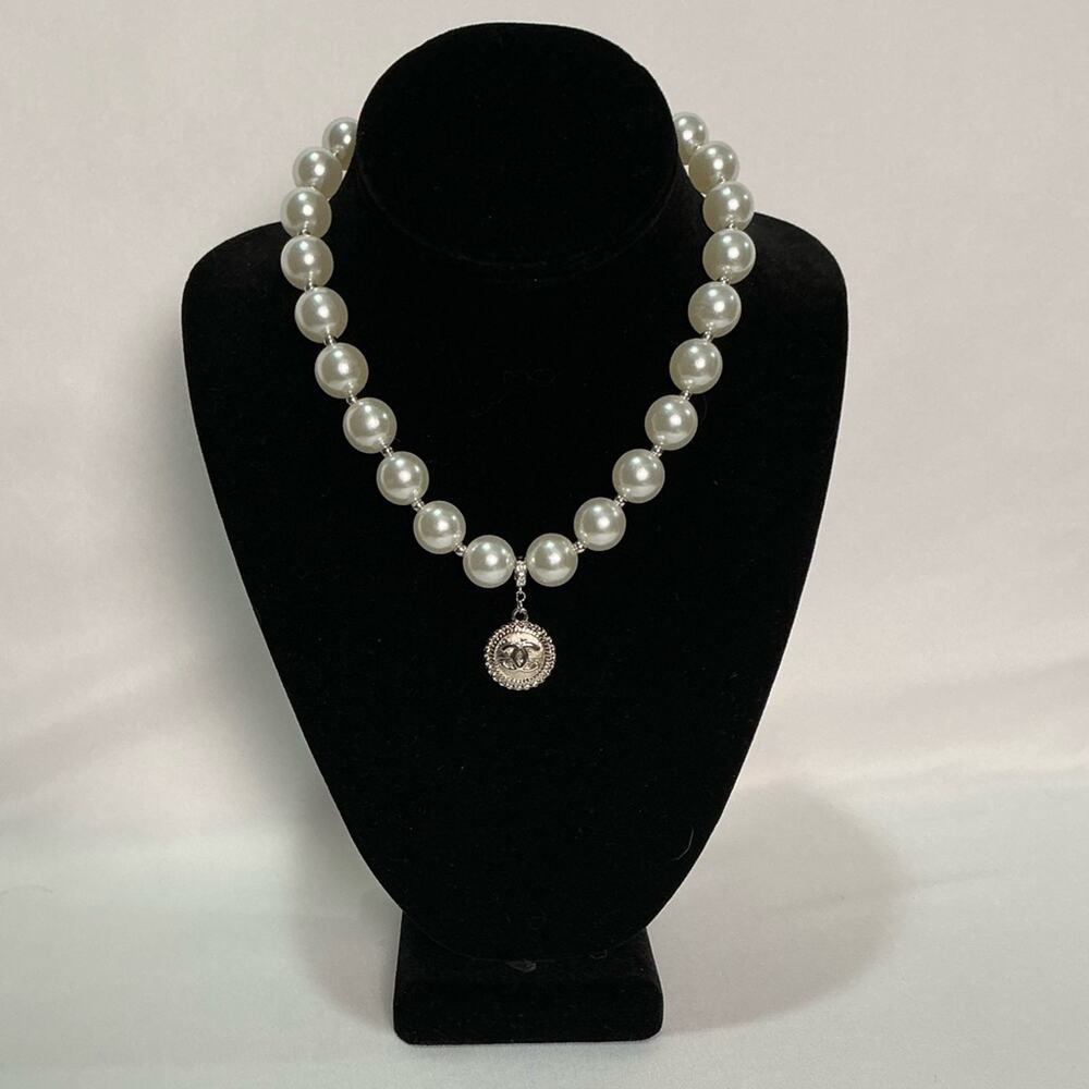 Chanel Faux Pearl Necklace Silver Pendants Heart